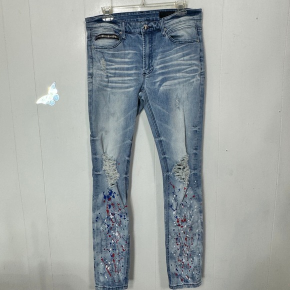 Rockstar Original Natural Selection 2.0 Men Jeans Blue Distressed Paint Splatter - Picture 1 of 14